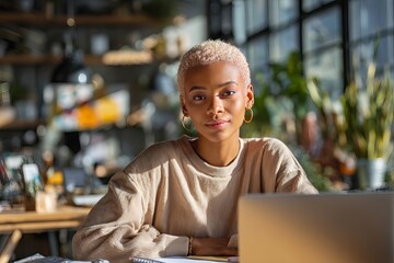Young african american woman working on laptop in modern cafe