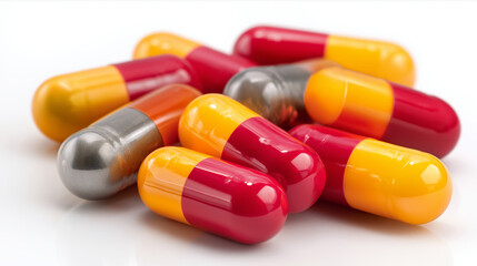 colorful capsules and pills isolated on white background, 
assorted vitamin supplements and medicine capsules top view, multicolored pharmaceutical pills and capsules flat lay

