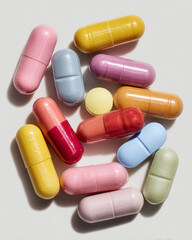 colorful capsules and pills isolated on white background, 
assorted vitamin supplements and medicine capsules top view, multicolored pharmaceutical pills and capsules flat lay
