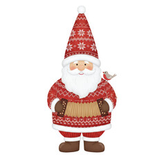 ノルディック柄のサンタとアコーディオンと小鳥の冬