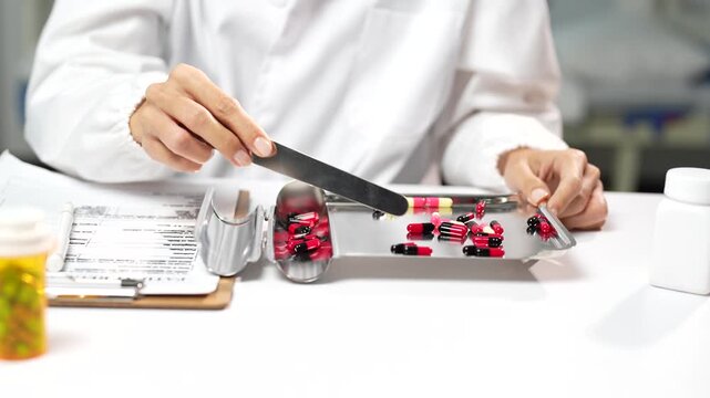 Professional pharmacist wearing a lab coat carefully counting colorful medication capsules on a metal tray with a spatula before filling a prescription for a patient in a modern pharmacy
