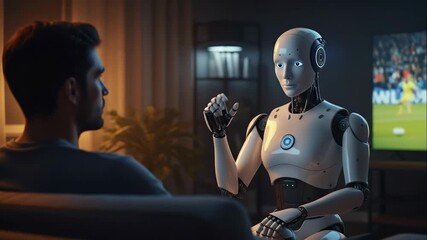 Man watching soccer match with humanoid robot companion. Friendly gestures and interaction in cozy living room. AI technology enhancing home entertainment experience. - Powered by Adobe