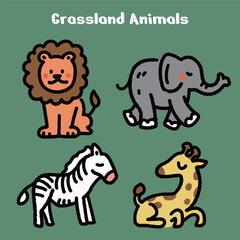 Grassland Animals Cute Cartoon Illustration Set
