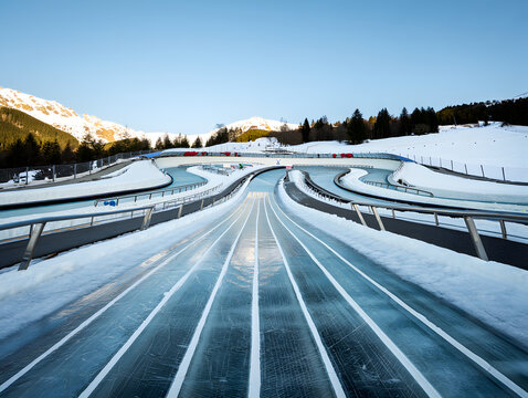 Modern ice bobsled and luge track nestled in a snowy alpine mountain landscape with winter forests under a clear blue sky.
