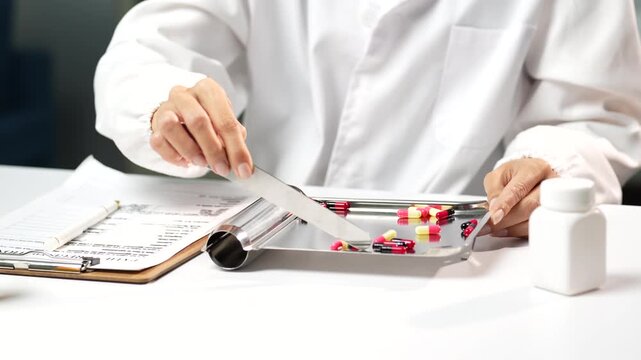 Professional female pharmacist in a white lab coat carefully counting colorful medication capsules with a spatula and tray before dispensing them into a pill bottle for a patient's prescription