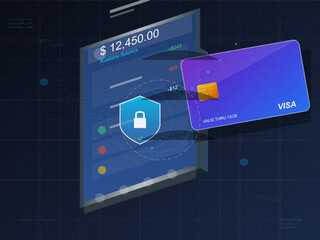 Digital banking platform shows secure transfer of money with credit card and balance information on display