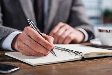Businessman writing notes in office notebook