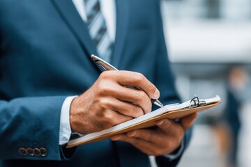 Businessman writing notes in office notebook