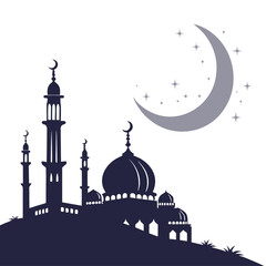Silhouette of a mosque under the crescent moon