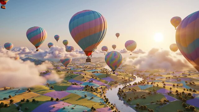 Aerial view of numerous colorful hot air balloons floating above a patchwork landscape with a river and fluffy clouds at sunrise