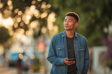 Young african american man walking outdoors using smartphone in city