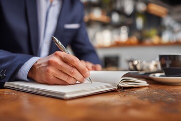 Businessman writing notes in office notebook