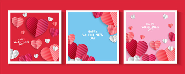 Valentines Day greeting card Creative concept. Trendy minimalist design with pink sky and 3d red and pink paper hearts frame. Cute love sale banner or greeting card. Valentine's day, vertical banners 