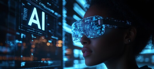 A young woman immersed in virtual reality explores the future of AI communication and technology.