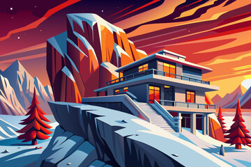 Modern villa and steep hillside blanketed in snow forms a sharp winter landscape, emphasizing vertical drop, frozen textures, and strong contrast between slope and sky