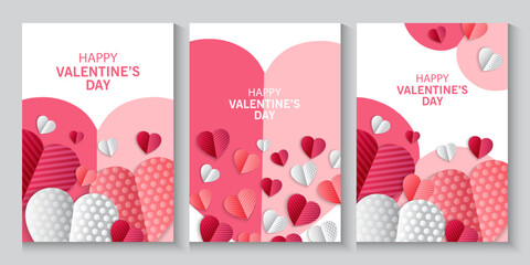 Valentines Day greeting card Creative concept. Trendy minimalist design with pink sky and 3d red and pink paper hearts frame. Cute love sale banner or greeting card. Valentine's day, vertical banners 