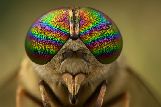 A detailed close-up of a fly's head showcasing its large, vibrant compound eyes with shades of green, blue, purple, and orange, sharp proboscis, and fuzzy brown body parts, set against a blurred green