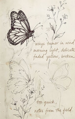 Butterfly hand drawn sketch illustration. Delicate insect line art, nature symbolism, poetic artistic drawing on textured paper.