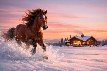 A bay horse galloping freely at dawn across a vast, untouched snowfield. In the distance, a cozy wooden house can be seen on the horizon, with Christmas tree lights burning warmly in the windows