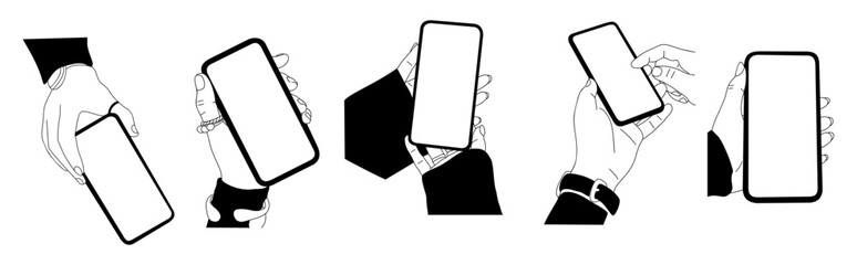  Set of different hands holding smartphones in various positions. Phone mockups. Minimalist black line art illustration isolated on white background