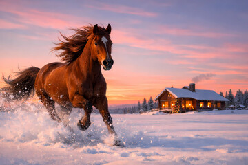 A bay horse galloping freely at dawn across a vast, untouched snowfield. In the distance, a cozy wooden house can be seen on the horizon, with Christmas tree lights burning warmly in the windows