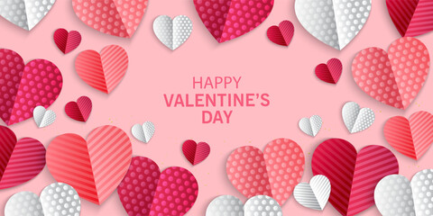 Valentines Day greeting card Creative concept. Trendy minimalist design with pink sky and 3d red and pink paper hearts frame. Cute love sale banner or greeting card. Valentine's day, vertical banners 