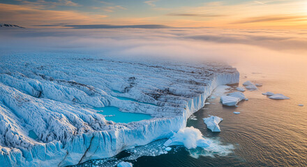 Ice cliff edge, vast white expanse, bright blue ice