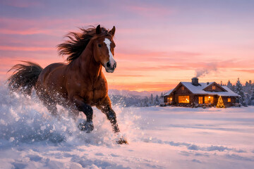 A bay horse galloping freely at dawn across a vast, untouched snowfield. In the distance, a cozy wooden house can be seen on the horizon, with Christmas tree lights burning warmly in the windows