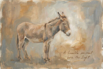 Donkey Christmas nativity oil painting. Humble servant symbolism, sacred light bearer, minimalist Christian fine art wall decor