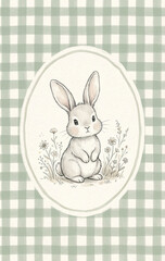 Easter bunny sketch illustration. Cute rabbit drawing with flowers, soft pastel nursery decor, gentle hand drawn spring artwork