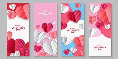 Valentines Day greeting card Creative concept. Trendy minimalist design with pink sky and 3d red and pink paper hearts frame. Cute love sale banner or greeting card. Valentine's day, vertical banners 
