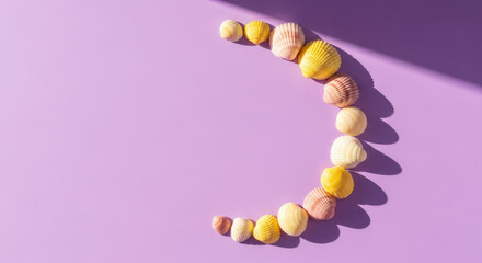 Obraz premium A Crescent Moon of Seashells A Creative Arrangement of Various Shells Forming a Lunar Shape on a Vibrant Purple Surface with a Play of Light and Shadow