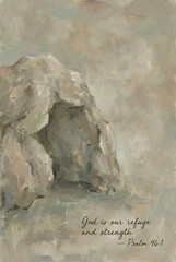 God is our refuge and strength oil painting. Psalm 46 scripture, abstract rock shelter, sacred light Christian fine art wall decor