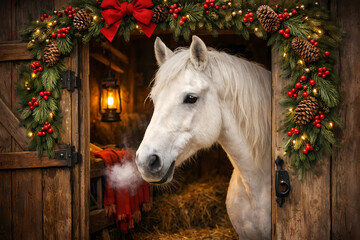 A horse looks out of a comfortably lit country-style stable on a quiet Christmas Eve.  The doorway of the stable is decorated with a lush traditional Christmas wreath of pine, cones and red berries.
