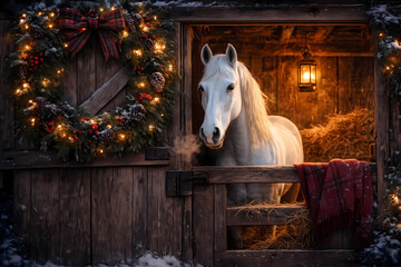A horse looks out of a comfortably lit country-style stable on a quiet Christmas Eve.  The doorway of the stable is decorated with a lush traditional Christmas wreath of pine, cones and red berries.