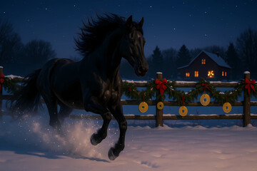 A horse gallops across an untouched snowfield at dusk. In the background, the fence is decorated with various ornaments: pine garlands, red ribbons and hanging gold coins.