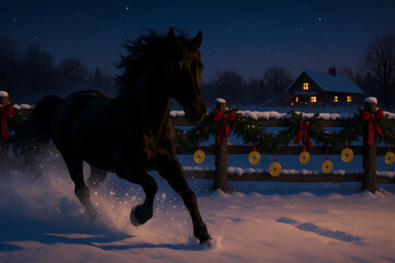 A horse gallops across an untouched snowfield at dusk. In the background, the fence is decorated with various ornaments: pine garlands, red ribbons and hanging gold coins.