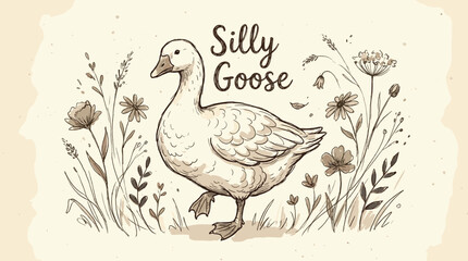 Silly goose vector illustration with cute hand drawn bird and floral elements. Vintage nursery wall art design for kids room decor and playful poster