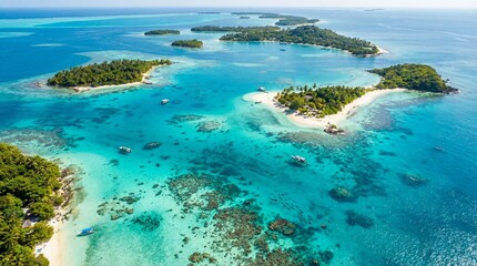 Aerial View of Tropical Islands and Turquoise Coral Reefs in the Ocean, Summer Vacation Travel and Paradise Concept © Pasindu Dilshan