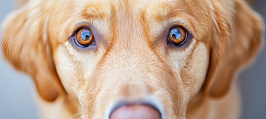 Engaging golden retriever gaze on soft gray background, capturing true color and heartwarming detail