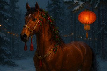 The horse stands in the forest, decorated with elements: a golden bridle with red tassels and holly berries. Garlands are hung on the trees, and a Chinese lantern hangs from a branch.