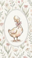 Silly goose wall decor illustration with cute duck character in oval frame. Vintage floral nursery art in soft pink coquette style for baby room