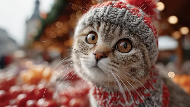 Adorable Cat in Knitted Hat at Cozy Christmas Market