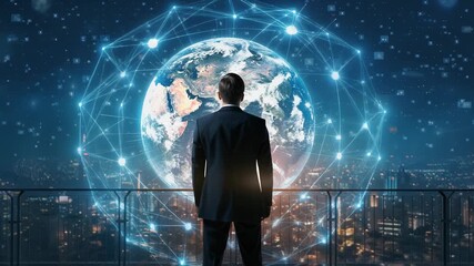Businessman gazing at a digital world, exploring innovation and technology trends in a futuristic cityscape - Powered by Adobe