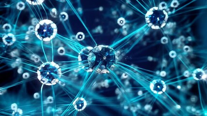 Abstract visualization of glowing blue digital nodes and connections representing data flow and artificial intelligence. Concept of global network and technology - Powered by Adobe