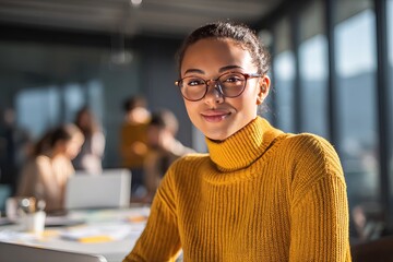 Confident young woman wearing glasses working in modern office / Portrait of stylish woman with glasses