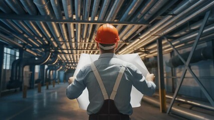 Construction worker analyzing blueprints in industrial setting with pipes and machinery - Powered by Adobe