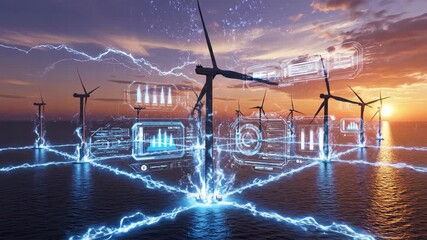 Aerial drone footage of offshore wind turbines activating with digital energy flows at sunset. Futuristic visualization of renewable power generation over sea. Clean energy harnessing concept for - Powered by Adobe