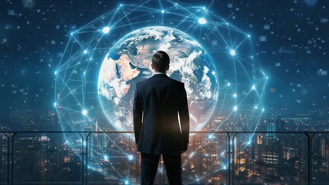 Businessman gazing at a digital world, exploring innovation and technology trends in a futuristic cityscape