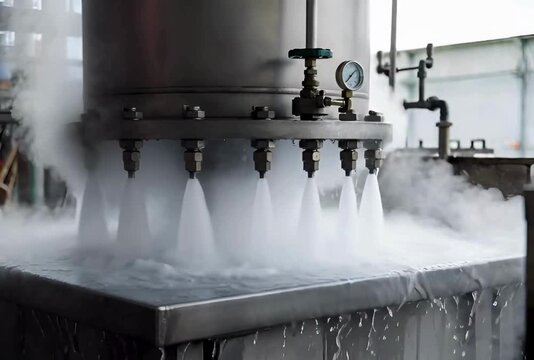 Industrial cryogenic liquid nitrogen being sprayed from multiple nozzles onto equipment creating dense fog and frost in cool science laboratory setting